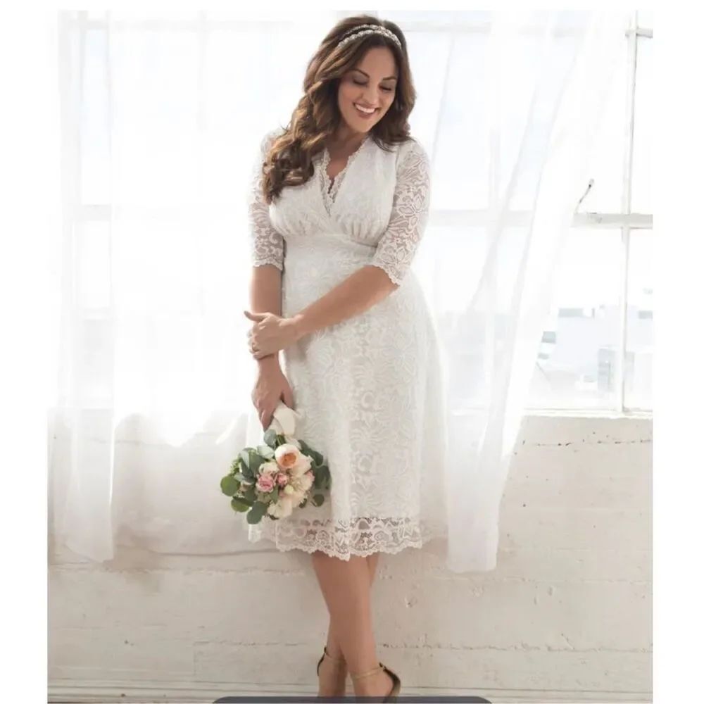 Kiyonna Bridal Bella Lace White Surplice Midi Dress sz 2 or 18/20 EUC